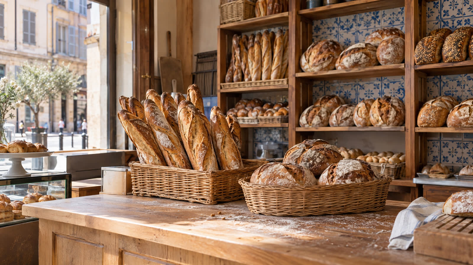 L'intérieur de la boulangerie : étagères de pains, panières et comptoir