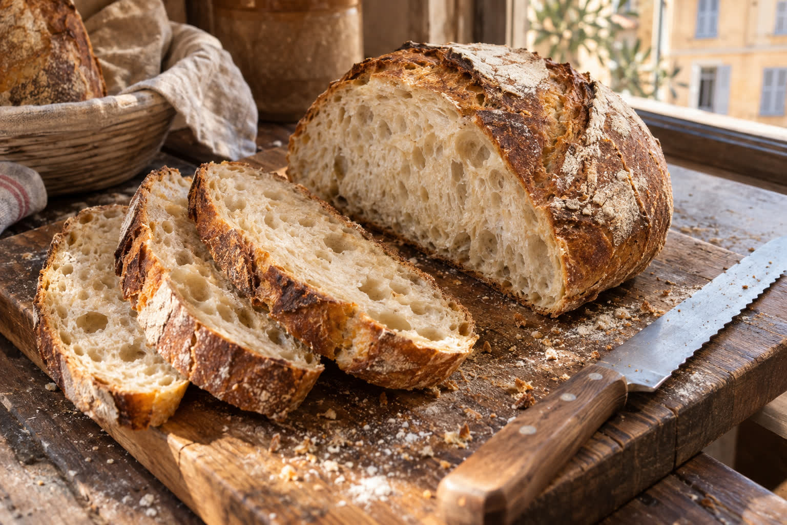 Pain de campagne tranché, mie alvéolée et croûte épaisse, sur une planche en bois