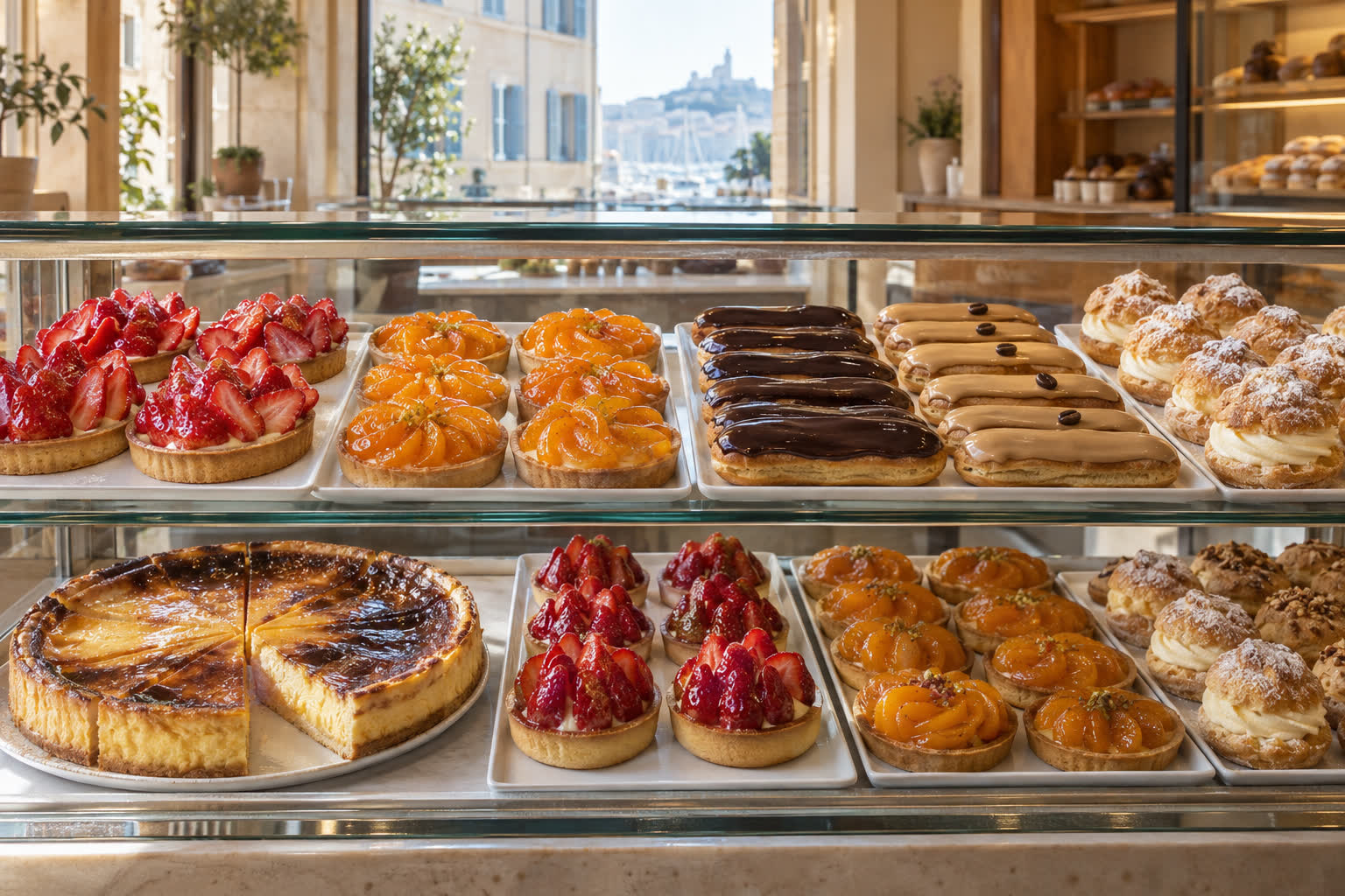 Vitrine de pâtisseries classiques de boulangerie