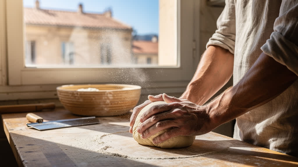 Mains farinées qui façonnent une boule de pâte sur un plan de travail en bois