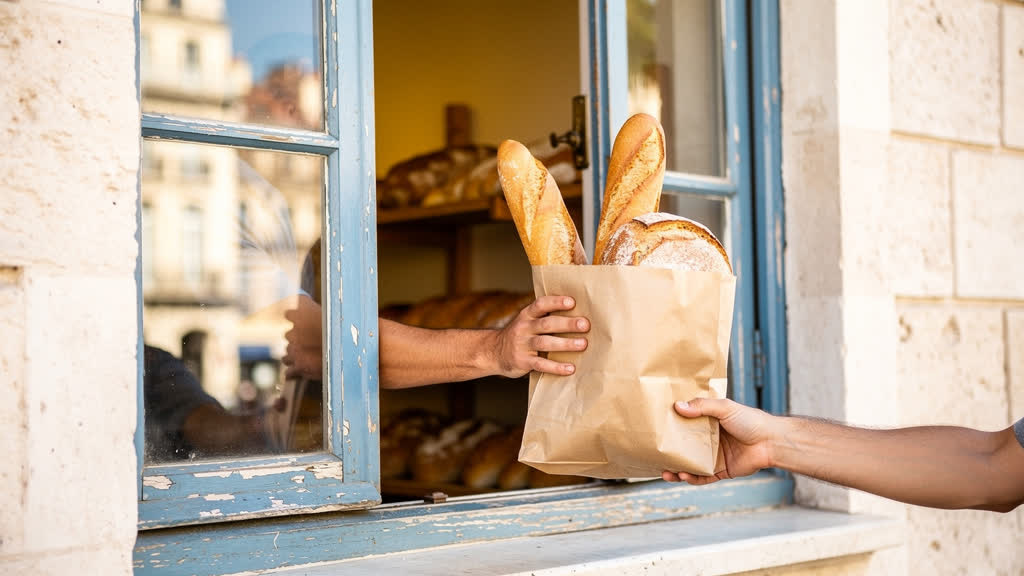 Sac en papier kraft rempli de pains et de baguettes, tendu par la fenêtre du drive